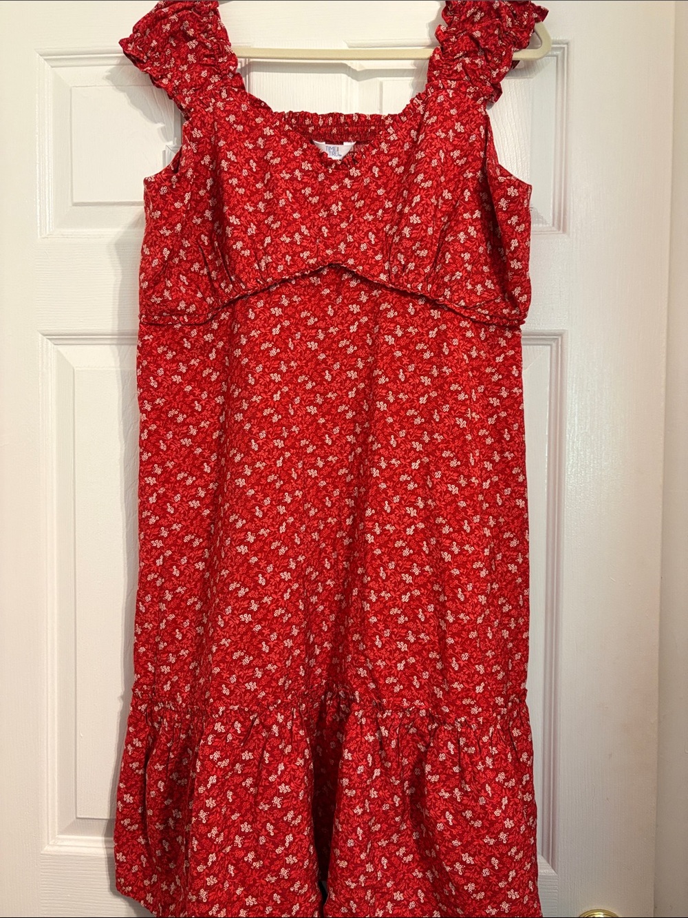Time and Tru Red Floral Ruffle-Shoulder Sundress